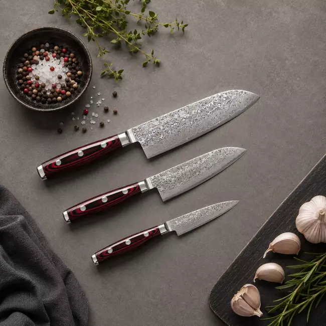 Yaxell Super Gou Messenset – Giftset – 3-delig – Santoku 16,5 cm, Klein Santoku 12,5 cm & Schilmes 8 cm – 161 Lagen Damaststaal – SG2 Staal – 63 HRC – Canvas-Micarta Heft