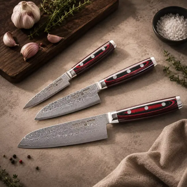 Yaxell Super Gou Messenset – Giftset – 3-delig – Santoku 16,5 cm, Klein Santoku 12,5 cm & Schilmes 8 cm – 161 Lagen Damaststaal – SG2 Staal – 63 HRC – Canvas-Micarta Heft