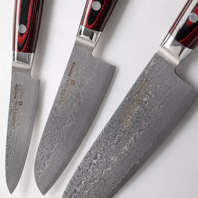 Yaxell Super Gou Messenset – Giftset – 3-delig – Santoku 16,5 cm, Klein Santoku 12,5 cm & Schilmes 8 cm – 161 Lagen Damaststaal – SG2 Staal – 63 HRC – Canvas-Micarta Heft