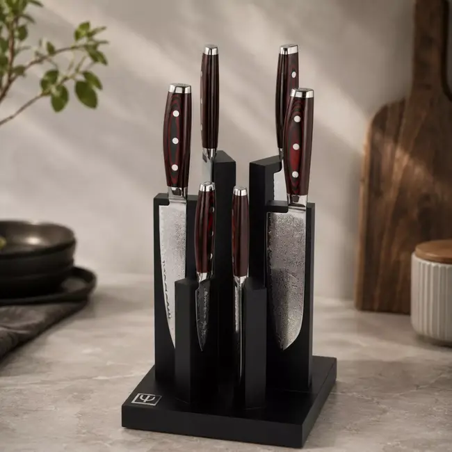 Yaxell Super Gou Messenset – 7-delig – Magnetisch 'Tower' Messenblok met 6 Messen – 161 Lagen Damaststaal – SG2 Staal – 63 HRC – Canvas-Micarta Heft