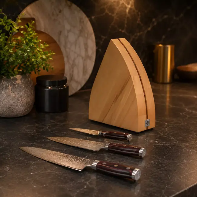 Yaxell Super Gou Messenset – 6-delig – Beukenhouten Messenblok met 5 Messen – 161 Lagen Damaststaal – SG2 Staal – 63 HRC – Canvas-Micarta Heft