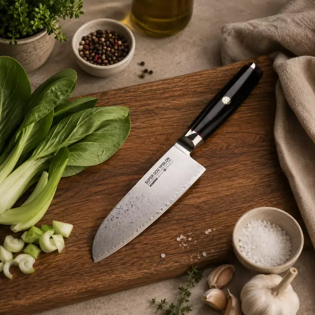 Yaxell Super Gou Ypsilon Santoku mes 16,5 cm – 193 Lagen Damaststaal – SG2 Staal – 63 HRC – Canvas-Micarta Heft – Japan