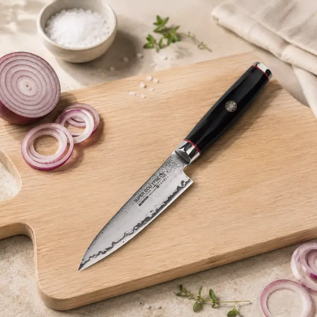 Yaxell Super Gou Ypsilon Universeelmes 12 cm – 193 Lagen Damaststaal – SG2 Staal – 63 HRC – Canvas-Micarta Heft – Japan