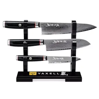 Yaxell Super Gou Ypsilon Messenset – 4-delig – Katana Display met 3 Messen – 193 Lagen Damaststaal – SG2 Staal – 63 HRC – Canvas-Micarta Heft – Japan