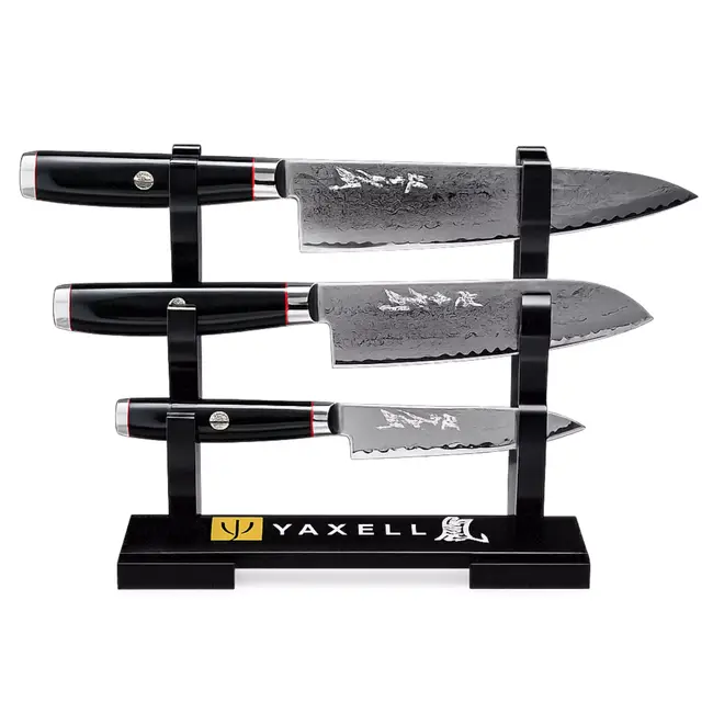 Yaxell Super Gou Ypsilon Messenset – 4-delig – Katana Display met 3 Messen – 193 Lagen Damaststaal – SG2 Staal – 63 HRC – Canvas-Micarta Heft – Japan