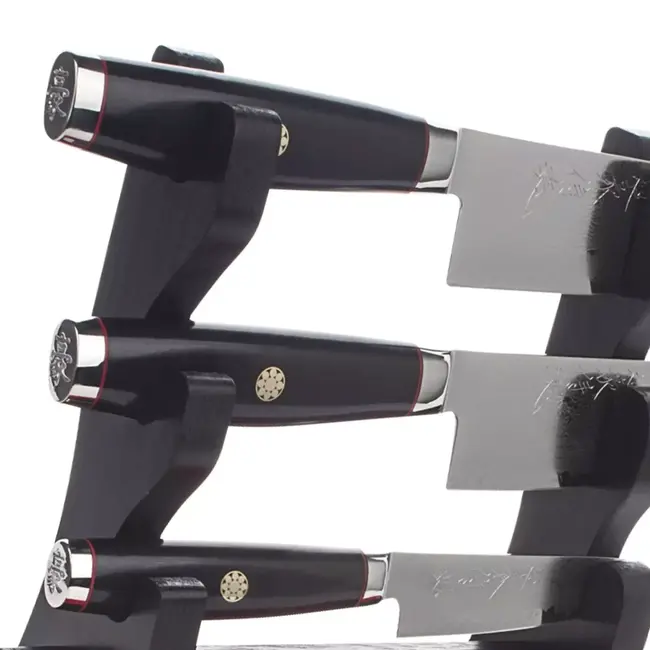Yaxell Super Gou Ypsilon Messenset – 4-delig – Katana Display met 3 Messen – 193 Lagen Damaststaal – SG2 Staal – 63 HRC – Canvas-Micarta Heft – Japan