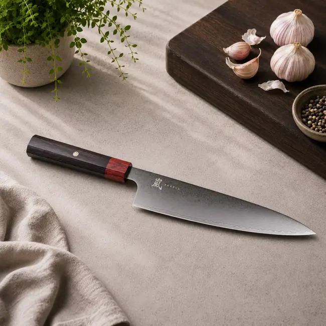 Yaxell Rei Koksmes 20 cm – 69 Lagen Damaststaal – VG10 Damaststaal – 61 HRC – Pakkahout Heft