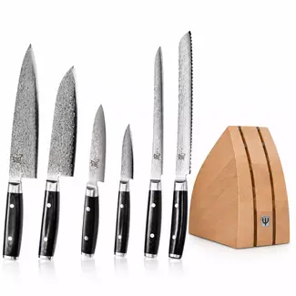 Yaxell Ran Messenset – 7-delig – Beukenhouten Messenblok met 6 Messen – 69 Lagen Damaststaal – VG10 Staal – 61 HRC – Canvas-Micarta Heft