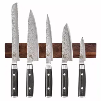 Yaxell Ran Messenset – 6-delig – Magnetische Messenhouder Walnoot met 5 Messen – 69 Lagen Damaststaal – VG10 Staal – 61 HRC – Canvas-Micarta Heft