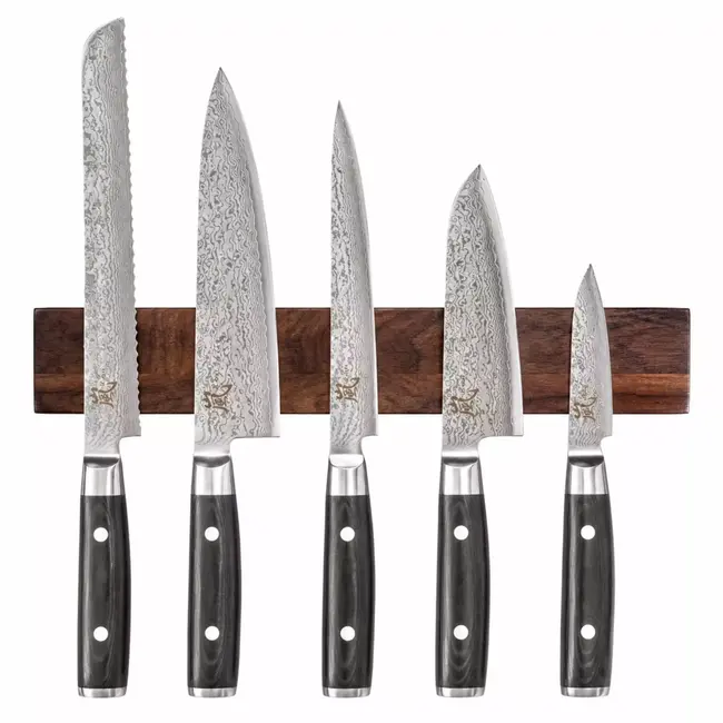 Yaxell Ran Messenset – 6-delig – Magnetische Messenhouder Walnoot met 5 Messen – 69 Lagen Damaststaal – VG10 Staal – 61 HRC – Canvas-Micarta Heft