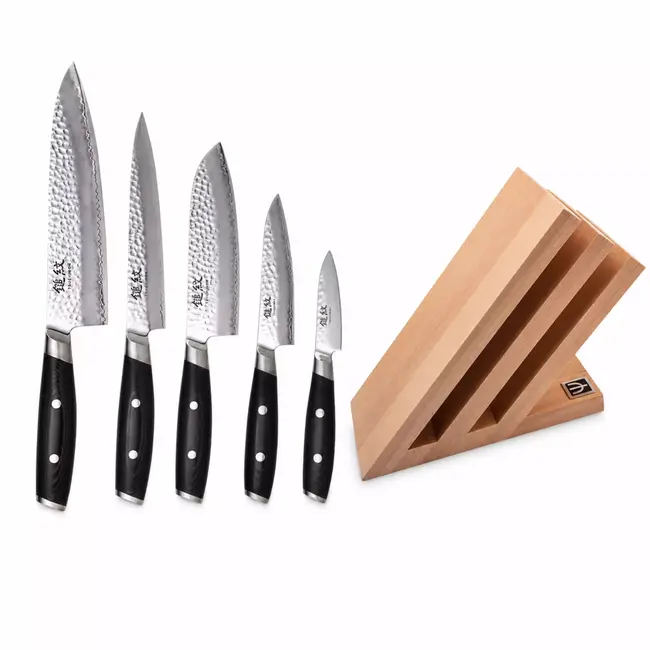 Yaxell Tsuchimon Messenset – 6-delig – Messenblok met 5 Messen – 3 Lagen Damaststaal – VG10 Staal – Canvas-Micarta Heft