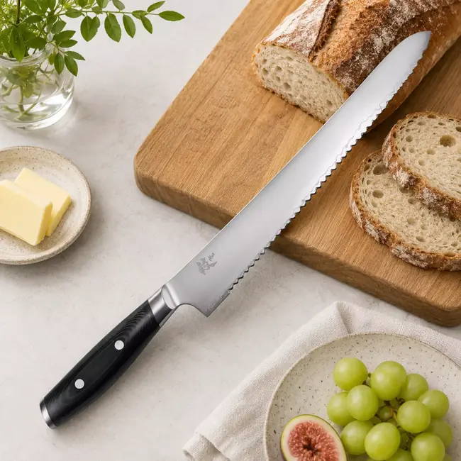 Yaxell Japans broodmes - VG10 roestvrij staal - gekarteld lemmet voor korst zonder pletten - 27 cm - zwart micarta - ideaal voor brood en gebak