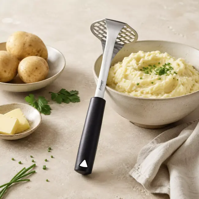 Triangle Aardappelstamper met Ophangsysteem – RVS Zwart – 25 cm – Duurzaam & Vaatwasserbestendig