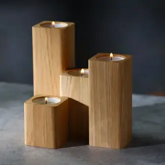 HOCHO Eiken theelichthouder set van 4 met verschillende hoogtes