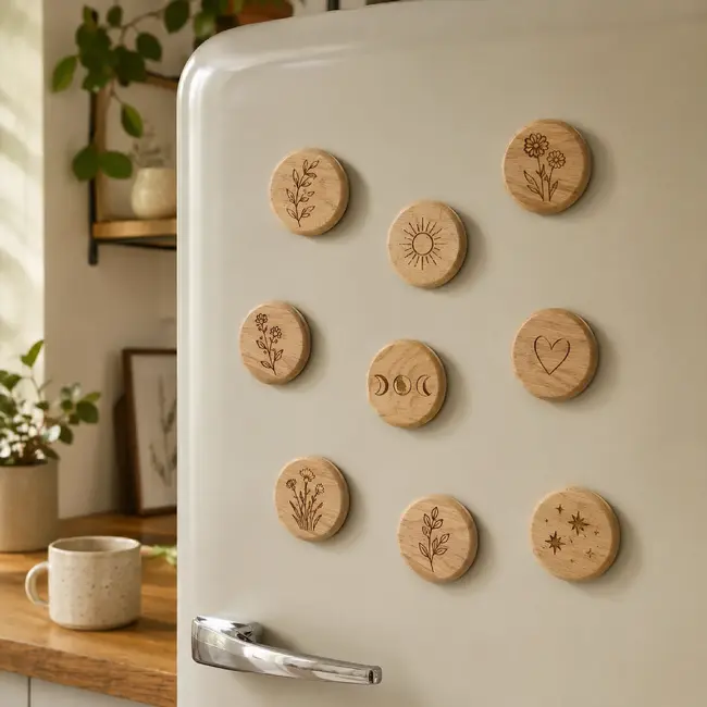 HOCHO Eikenhouten flesopener Ø 65 x 10 mm met magneet voor kroonkurken