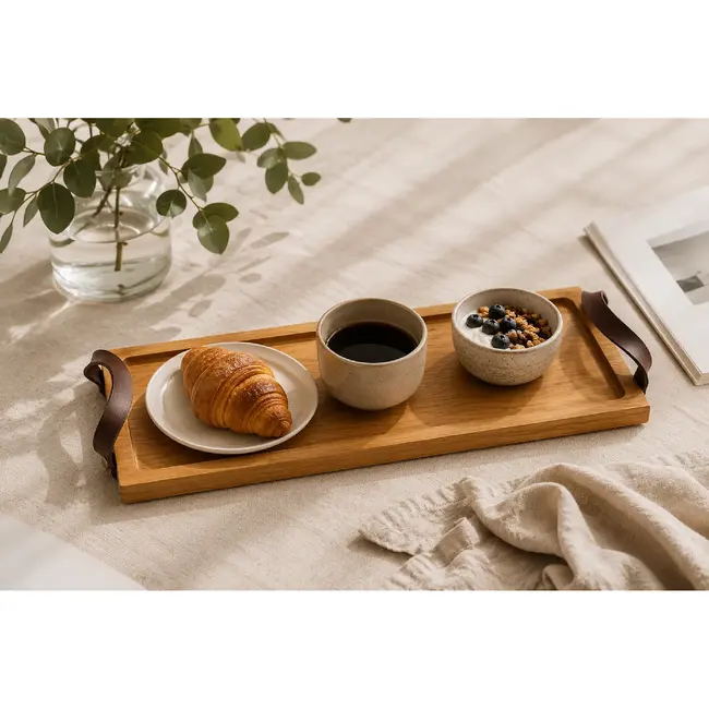 HOCHO Eiken serveertray 480 x 150 x 20 mm met leren handgrepen