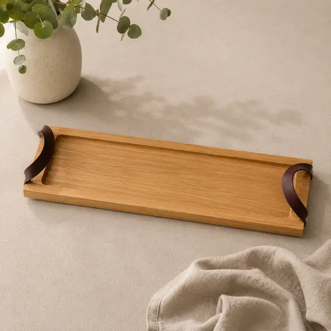 HOCHO Eiken serveertray 480 x 150 x 20 mm met leren handgrepen