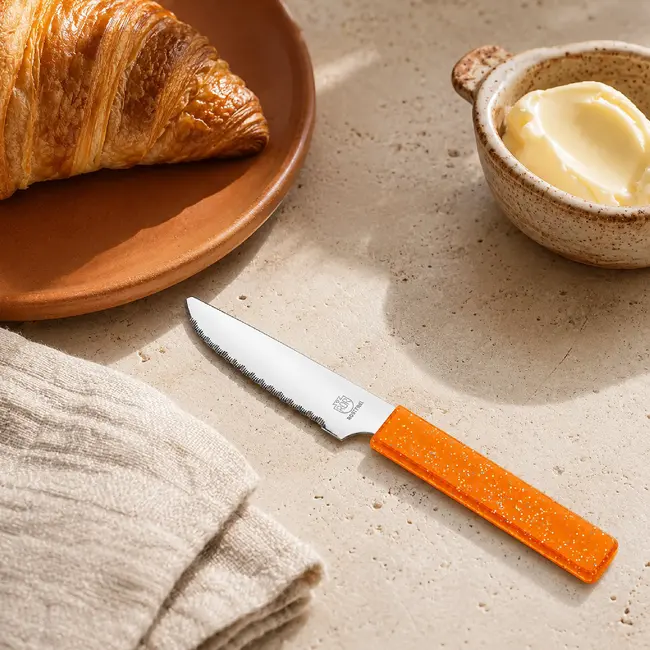 RÖR Solingen Broodmes 10 cm met oranje handgreep en glitterafwerking