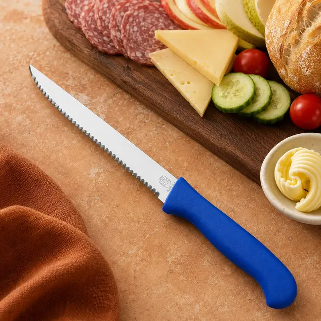 RÖR Solingen Vespermes 13 cm met RVS kartellemmet en blauw handvat