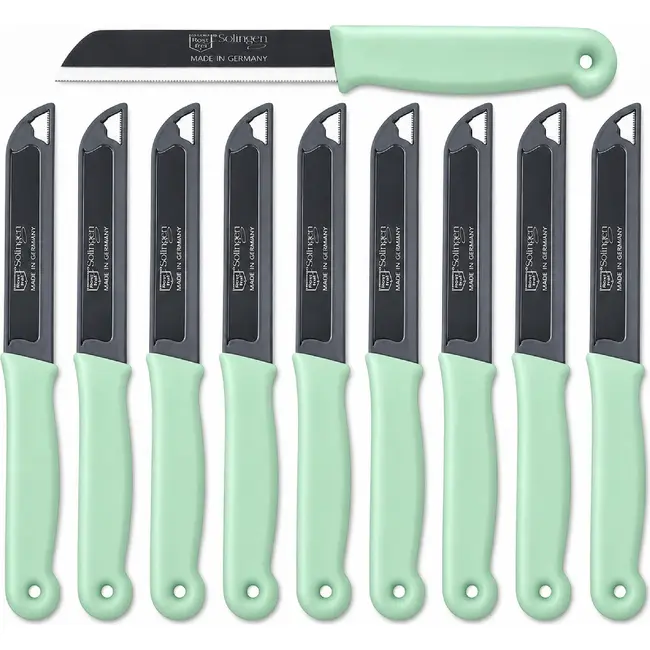 Solingen Kartelmes – Tomatenmes met Kartel – RVS – 18,5 cm met Blade Cover – Pastelgroen– 10 stuks