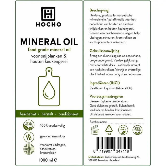 HOCHO Minerale Olie voor Hout en Bamboe Snijplanken – Voedselveilig – 1000ml