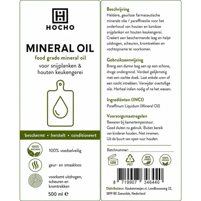 HOCHO Minerale Olie voor Hout en Bamboe Snijplanken – Voedselveilig – 500ml