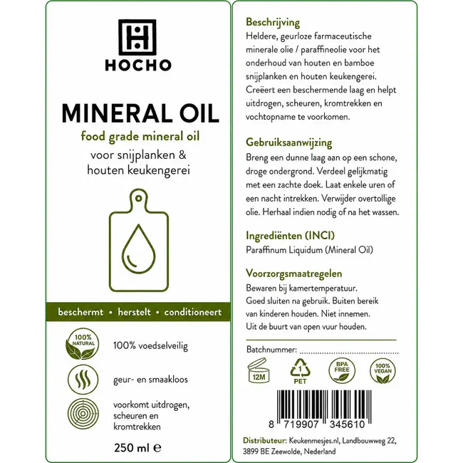 HOCHO Minerale Olie voor Hout en Bamboe Snijplanken – Voedselveilig – 250ml