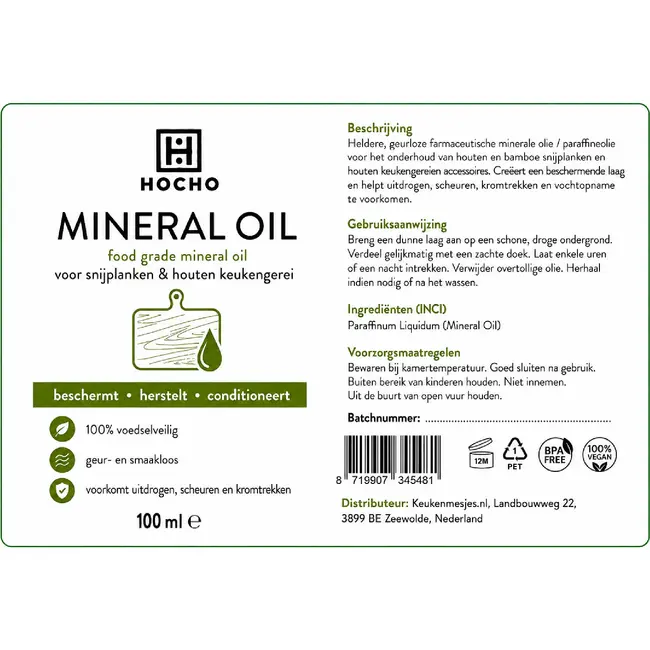 HOCHO Minerale Olie voor Hout en Bamboe Snijplanken – Voedselveilig – 100ml