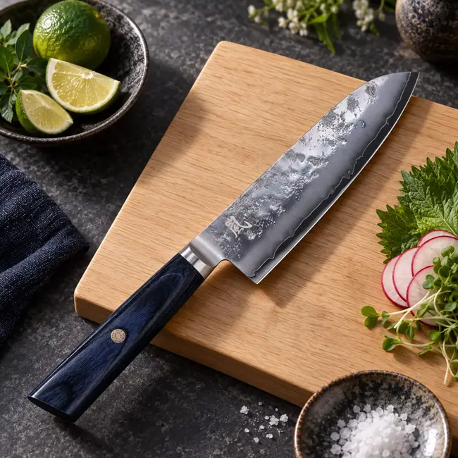 Yaxell Sunago – Santokumes 16,5 cm met Ginsan-staal en donkerblauw pakkahout