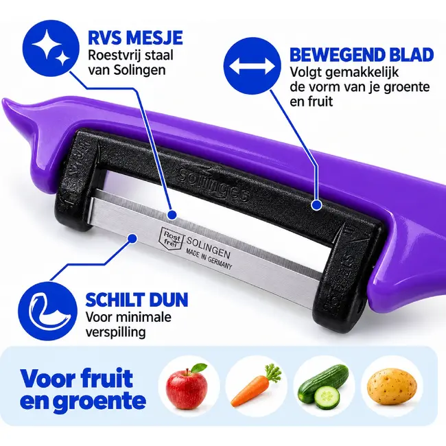 Solingen Dunschiller Enkel Mes – voor Fruit- en Groenteschiller – Kunststof – Vrolijke Mix – 4 Delig