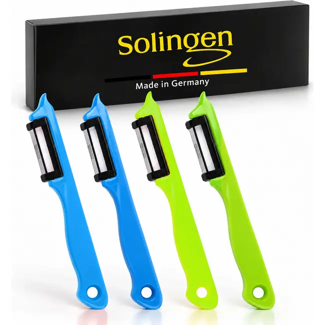 Solingen Dunschiller Enkel Mes – voor Fruit- en Groenteschiller – Kunststof – DUO blauw & groen – 4 Delig
