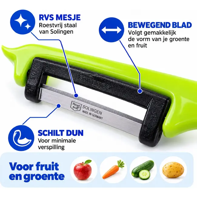 Solingen Dunschiller Enkel Mes – voor Fruit- en Groenteschiller – Kunststof – DUO blauw & groen – 4 Delig