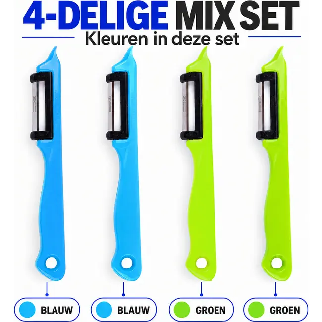 Solingen Dunschiller Enkel Mes – voor Fruit- en Groenteschiller – Kunststof – DUO blauw & groen – 4 Delig