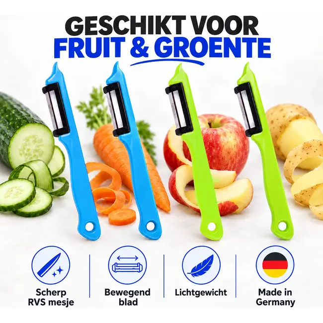 Solingen Dunschiller Enkel Mes – voor Fruit- en Groenteschiller – Kunststof – DUO blauw & groen – 4 Delig