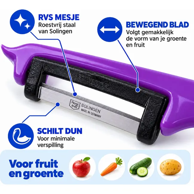 Solingen Dunschiller Enkel Mes – voor Fruit- en Groenteschiller – Kunststof – DUO paars & blauw – 4 Delig