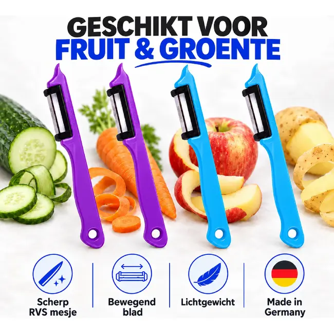 Solingen Dunschiller Enkel Mes – voor Fruit- en Groenteschiller – Kunststof – DUO paars & blauw – 4 Delig