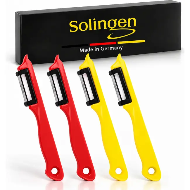 Solingen Dunschiller Enkel Mes – voor Fruit- en Groenteschiller – Kunststof – DUO rood & geel – 4 Delig