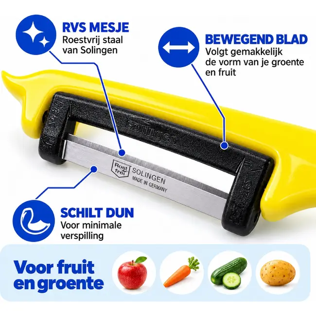 Solingen Dunschiller Enkel Mes – voor Fruit- en Groenteschiller – Kunststof – DUO rood & geel – 4 Delig