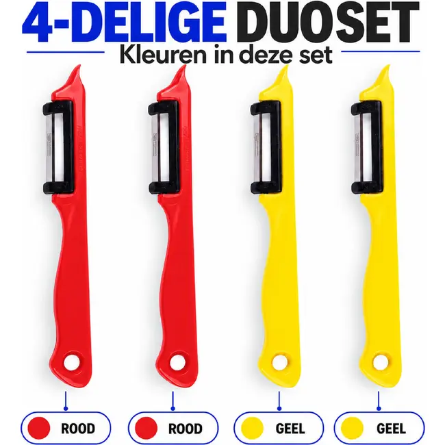 Solingen Dunschiller Enkel Mes – voor Fruit- en Groenteschiller – Kunststof – DUO rood & geel – 4 Delig