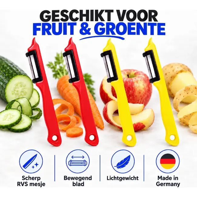 Solingen Dunschiller Enkel Mes – voor Fruit- en Groenteschiller – Kunststof – DUO rood & geel – 4 Delig