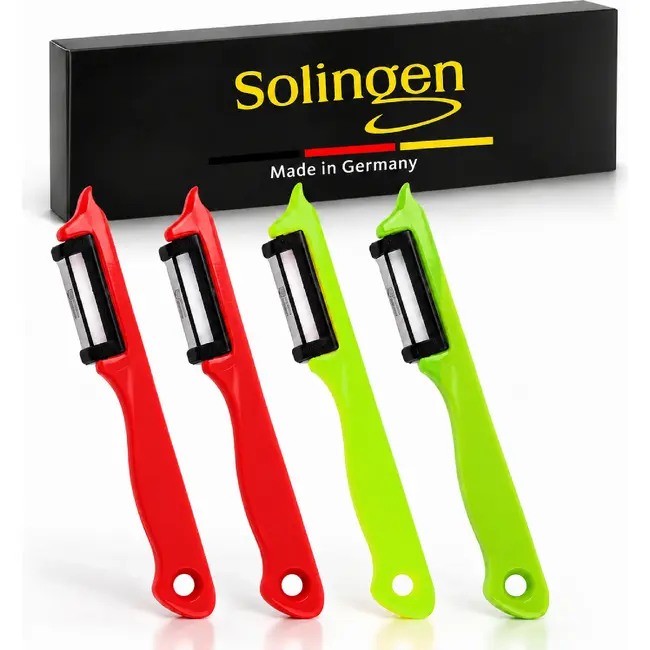 Solingen Dunschiller Enkel Mes – voor Fruit- en Groenteschiller – Kunststof – DUO rood & groen – 4 Delig