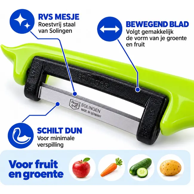 Solingen Dunschiller Enkel Mes – voor Fruit- en Groenteschiller – Kunststof – DUO rood & groen – 4 Delig
