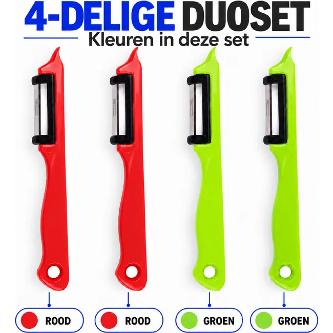 Solingen Dunschiller Enkel Mes – voor Fruit- en Groenteschiller – Kunststof – DUO rood & groen – 4 Delig