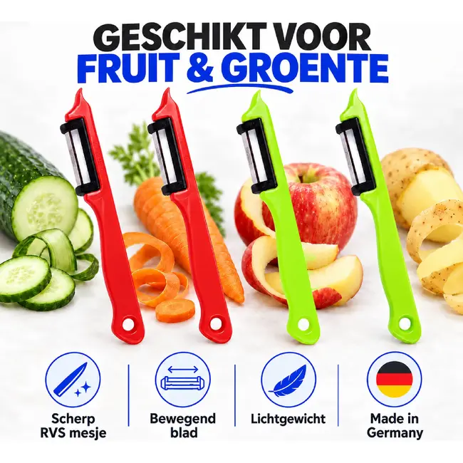 Solingen Dunschiller Enkel Mes – voor Fruit- en Groenteschiller – Kunststof – DUO rood & groen – 4 Delig