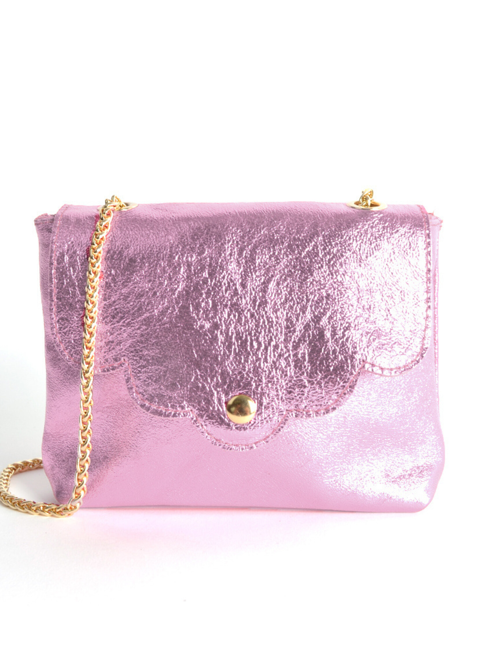 Metallic mini schoudertas - Echt leer - Zachtroze