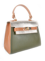 Leren handtas | Renske | Combi-kleur | Olijfgroen-Camel-Lichtgoud