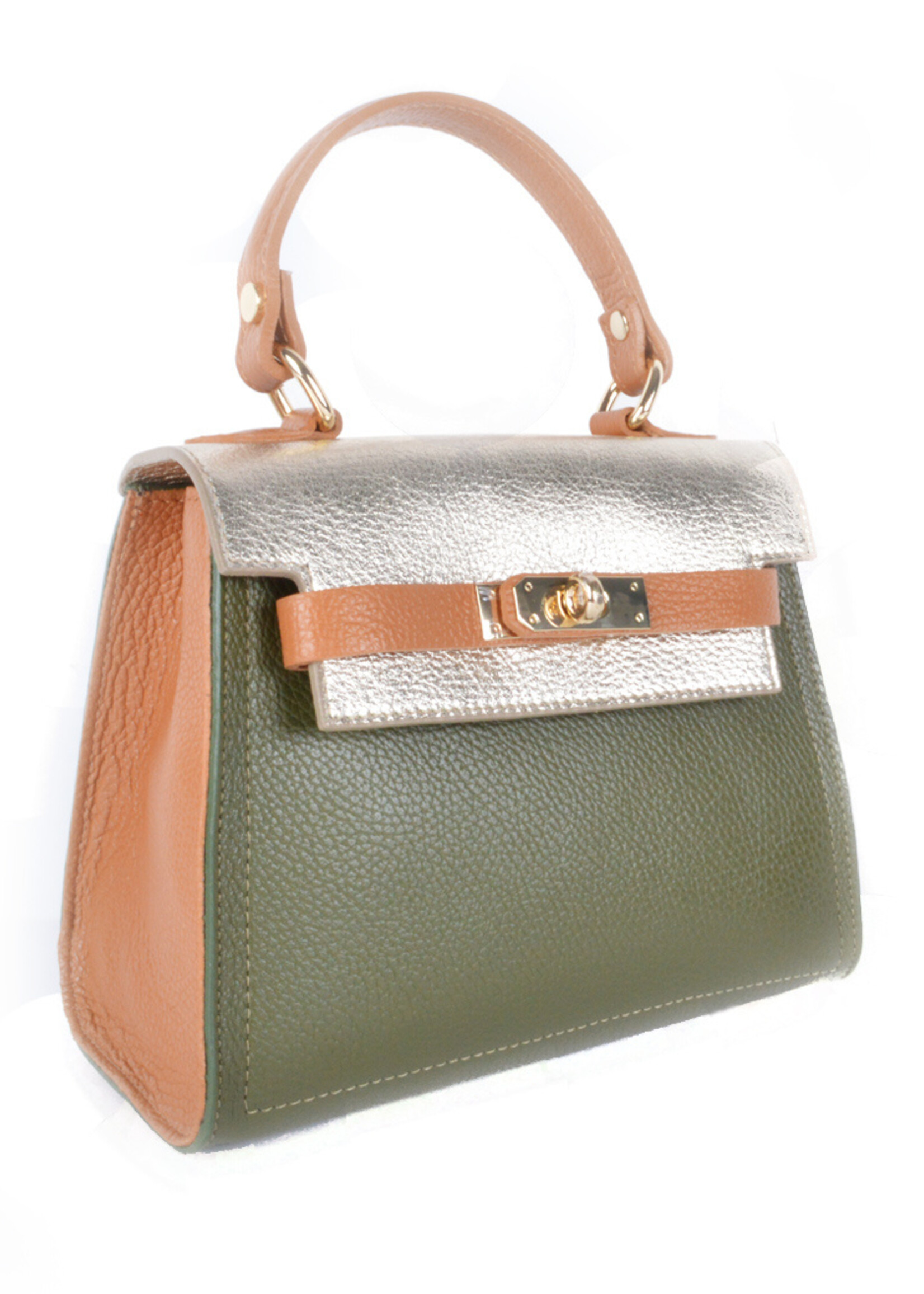 Leren handtas | Renske | Combi-kleur | Olijfgroen-Camel-Lichtgoud
