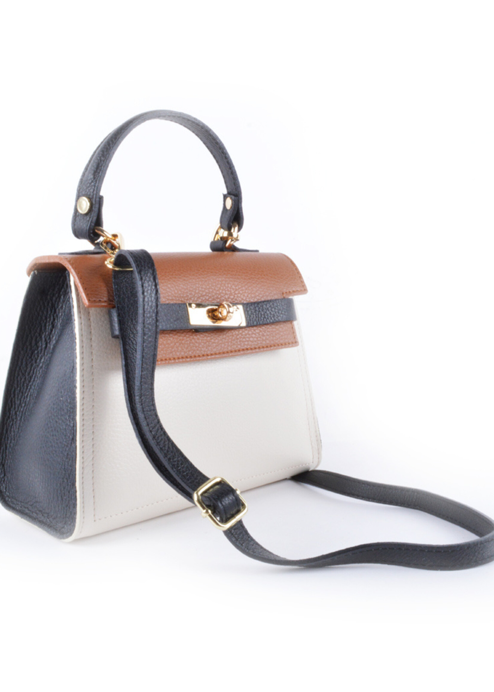 Leren handtas | Renske | Combi-kleur | Olijfgroen-Camel-Lichtgoud