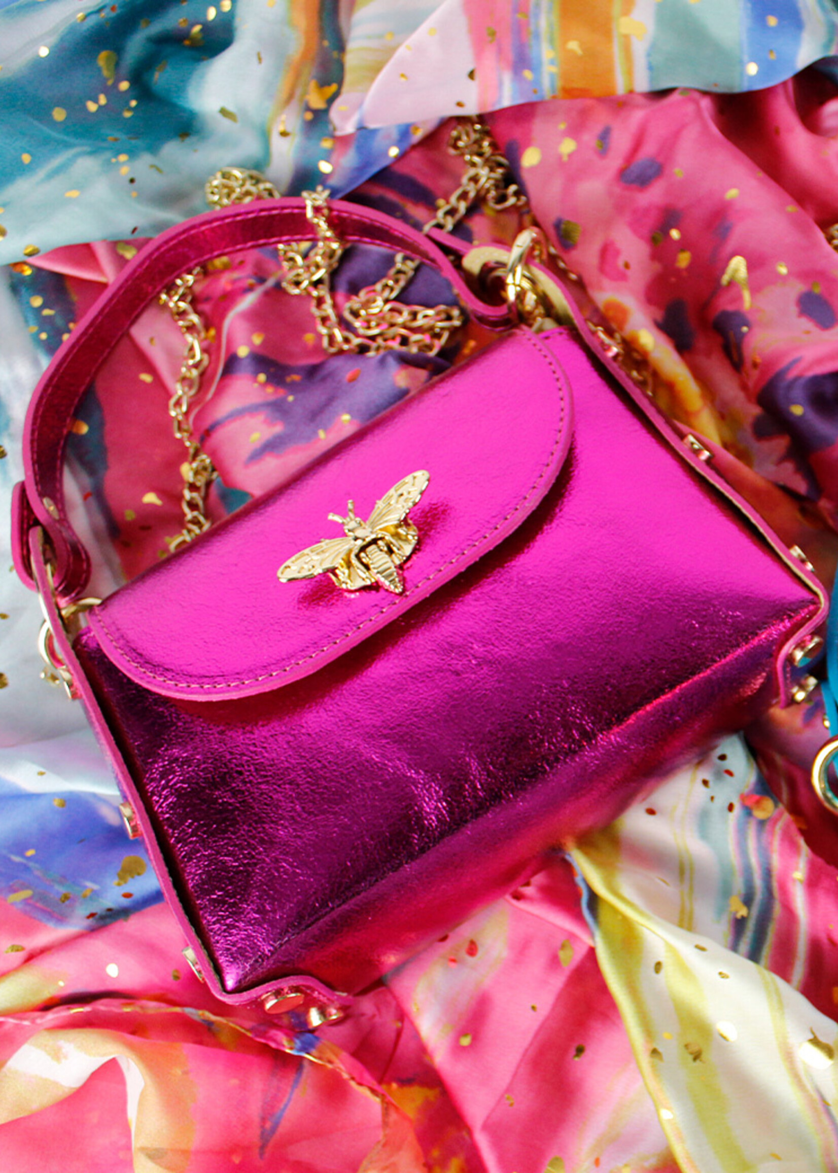 Lederen schoudertas | Bee bag Metallic | Fuchsia