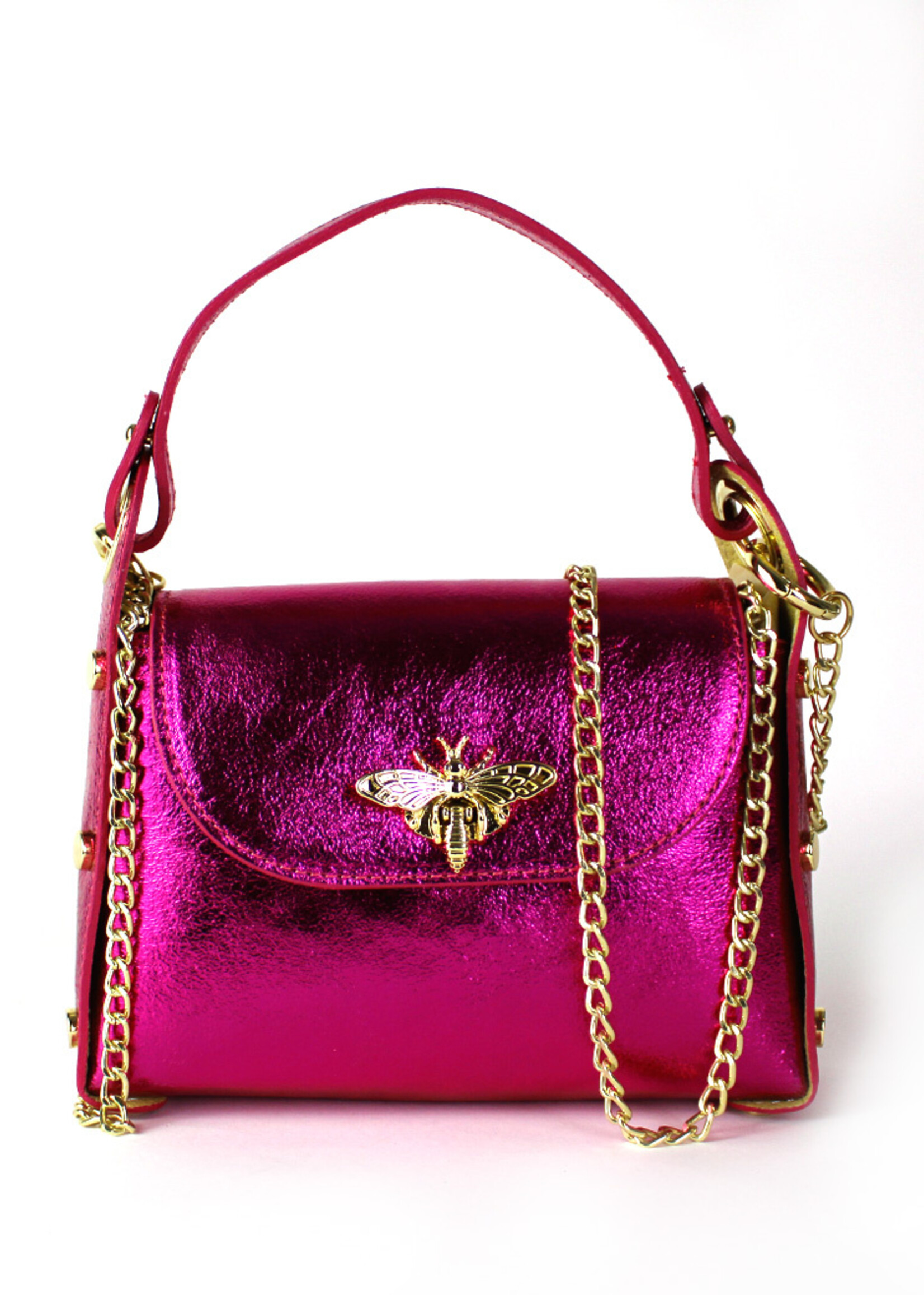 Lederen schoudertas | Bee bag Metallic | Fuchsia